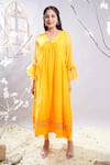 Buy_The White Tree Studio_Yellow Chanderi, Cotton, Lycra Embroidery Aftab Hem Anarkali And Leggings Set _at_Aza_Fashions