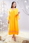 The White Tree Studio_Yellow Chanderi, Cotton, Lycra Embroidery Aftab Hem Anarkali And Leggings Set _Online_at_Aza_Fashions
