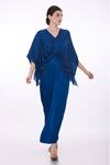 Buy_DILNAZ_Blue Blended Satin Plain Plunge V Neck Draped Kaftan  _at_Aza_Fashions