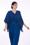 DILNAZ_Blue Blended Satin Plain Plunge V Neck Draped Kaftan  _Online_at_Aza_Fashions