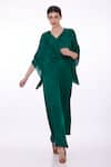 Buy_DILNAZ_Emerald Green Blended Satin Plain V Neck Solid Draped Kaftan  _at_Aza_Fashions