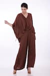 Buy_DILNAZ_Brown Blended Satin Embellished Solid Draped Kaftan With Jumpsuit  _at_Aza_Fashions