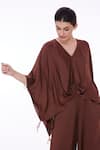 DILNAZ_Brown Blended Satin Embellished Solid Draped Kaftan With Jumpsuit  _Online_at_Aza_Fashions