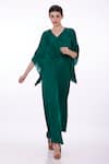 Buy_DILNAZ_Emerald Green Blended Satin Plain Plunge V Neck Solid Draped Kaftan  _at_Aza_Fashions