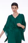 DILNAZ_Emerald Green Blended Satin Plain Plunge V Neck Solid Draped Kaftan  _Online_at_Aza_Fashions