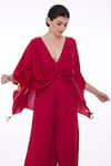 DILNAZ_Pink Blended Satin Embellished Feather Plunge V Border Draped Kaftan  _Online_at_Aza_Fashions