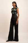 Siddhant Agrawal_Black Tulle, Viscose, Polyester Beads Round Neck Dreamwave Work Jumpsuit _Online_at_Aza_Fashions