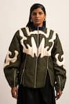 Buy_Siddhant Agrawal_Green Tr Suiting Embroidery Patchwork Band Collar Nebula Bomber Jacket _at_Aza_Fashions