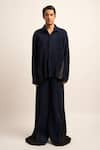 Buy_Siddhant Agrawal_Blue Satin The Synthwave Ribbed Shirt With Trouser _at_Aza_Fashions