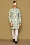 Buy_Arihant Rai Sinha_Green Soft Cotton Embroidered Thread Floral Geometric Pattern Straight Kurta _at_Aza_Fashions