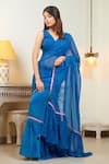 Inara Jaipur_Blue Georgette Printed Leheriya V Neck Saree With Blouse  _Online_at_Aza_Fashions