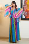 Inara Jaipur_Multi Color Georgette Printed Leheriya V Neck Kaftan Lehenga Set _Online_at_Aza_Fashions