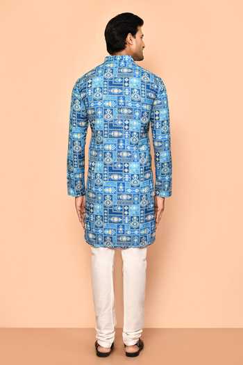Shop_Arihant Rai Sinha_Blue Cotton, Polyester Embroidery Moroccan Tiles Print Kurta Set _at_Aza_Fashions