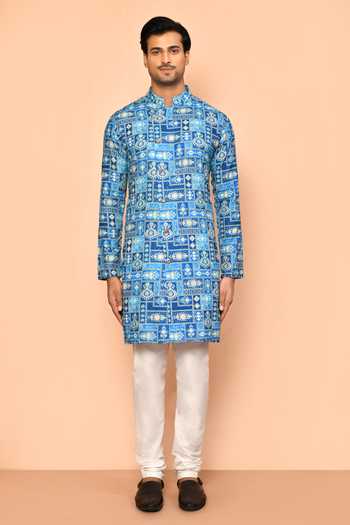 Buy_Arihant Rai Sinha_Blue Cotton, Polyester Embroidery Moroccan Tiles Print Kurta Set _Online_at_Aza_Fashions