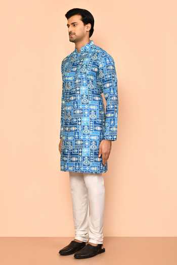 Arihant Rai Sinha_Blue Cotton, Polyester Embroidery Moroccan Tiles Print Kurta Set _at_Aza_Fashions