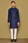 Buy_Arihant Rai Sinha_Blue Kurta Cotton Plain Mandarin Collar Solid Set _Online_at_Aza_Fashions