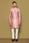 Shop_Arihant Rai Sinha_Peach Kurta Jacquard Churidar Poly Viscose Embroidery Foliage Jaal Set _Online_at_Aza_Fashions