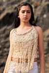 Shop_Lotus Sutr_Beige Lycra Embroidery Macrame Round Top  _at_Aza_Fashions