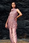 Shop_Lotus Sutr_Pink Cotton Silk Embroidery Macrame Round Top Pant Set _at_Aza_Fashions