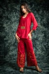 Buy_Lotus Sutr_Maroon Cotton Silk Embroidery Thread Round Top And Pant Set _at_Aza_Fashions