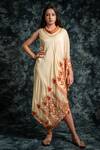 Buy_Lotus Sutr_Beige Cotton Silk Embroidery Thread Round High Neck Dress  _at_Aza_Fashions