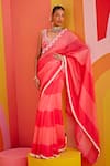 Buy_Isha Gupta Tayal_Pink Organza Embroidered Blouse Floral V Neck Color Block Saree With For Women