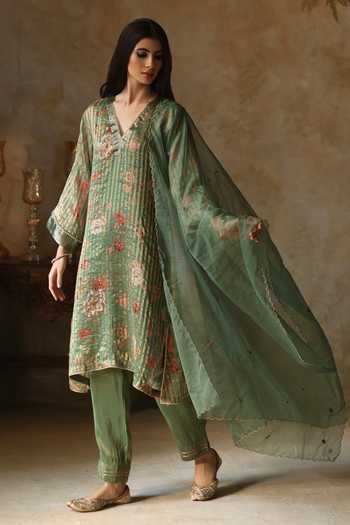 Buy_Begum_Green , Satin, Ikai Striped Spring Blossom Pattern Kurta Pant Set _at_Aza_Fashions