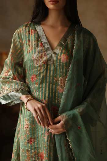 Begum_Green , Satin, Ikai Striped Spring Blossom Pattern Kurta Pant Set _Online_at_Aza_Fashions