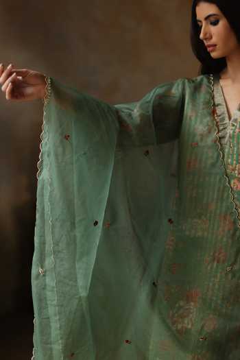 Shop_Begum_Green , Satin, Ikai Striped Spring Blossom Pattern Kurta Pant Set _Online_at_Aza_Fashions