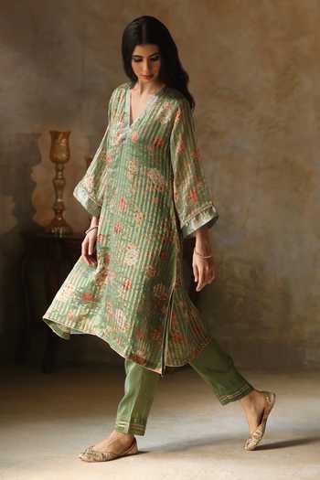 Begum_Green , Satin, Ikai Striped Spring Blossom Pattern Kurta Pant Set _at_Aza_Fashions