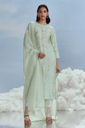 Buy_NACHIKETBARVE_Green Organza, Silk Beads, Sequins Round Babylon Embroidered Kurta Palazzo Set _at_Aza_Fashions