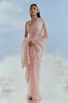 Buy_Nachiket Barve_Pink Organza Embroidered Floral Deep V Neck Babylon Saree With Blouse  _at_Aza_Fashions