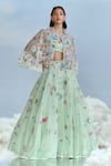 Buy_Nachiket Barve_Green Organza Embroidered Floral V Neck Lunar Blossom Cape Lehenga Set _at_Aza_Fashions