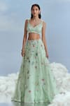 Nachiket Barve_Green Organza Embroidered Floral V Neck Lunar Blossom Cape Lehenga Set _Online_at_Aza_Fashions