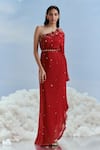 Buy_Nachiket Barve_Red Georgette Embroidered Floral One Metallic Izmir Toga Dress  _at_Aza_Fashions