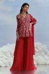 Buy_Nachiket Barve_Red Peplum And Sharara Organza Embroidered Floral V Neck Top Set _at_Aza_Fashions
