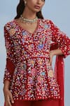 Nachiket Barve_Red Peplum And Sharara Organza Embroidered Floral V Neck Top Set _Online_at_Aza_Fashions