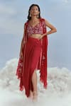 Buy_Nachiket Barve_Red Organza, Satin Sequins, Izmir Carnations Lunar Blossom Cape Draped Skirt Set _at_Aza_Fashions