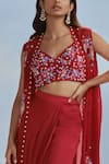Nachiket Barve_Red Organza, Satin Sequins, Izmir Carnations Lunar Blossom Cape Draped Skirt Set _Online_at_Aza_Fashions