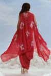 Shop_Nachiket Barve_Red Organza, Satin Sequins, Izmir Carnations Lunar Blossom Cape Draped Skirt Set _at_Aza_Fashions