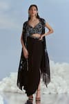 Buy_Nachiket Barve_Black Organza, Satin Izmir Carnations Lunar Blossom Cape And Draped Skirt Set _at_Aza_Fashions