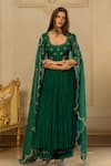 Buy_Paulmi and Harsh_Green Malai Chanderi Hand Embroidered Mirror U Neck Anarkali Pant Set  _Online_at_Aza_Fashions