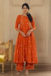 Buy_Paulmi and Harsh_Orange Chiniya Silk Hand Embroidered Butti Motifs Round Anarkali And Pant Set _at_Aza_Fashions