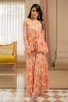 Buy_Paulmi and Harsh_Orange Georgette Printed Floral V Neck Peplum Top And Palazzo Set  _at_Aza_Fashions