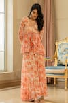 Paulmi and Harsh_Orange Georgette Printed Floral V Neck Peplum Top And Palazzo Set  _Online_at_Aza_Fashions