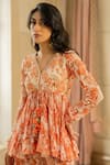 Paulmi and Harsh_Orange Georgette Printed Floral V Neck Peplum Top And Palazzo Set  _at_Aza_Fashions