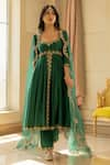 Paulmi and Harsh_Green Chiniya Silk Embroidered Zari Round Anarkali Pant Set  _Online_at_Aza_Fashions