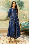 Paulmi and Harsh_Blue Chiniya Silk Hand Embroidered Butti Mirror Anarkali And Pant Set  _Online_at_Aza_Fashions