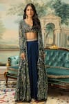 Paulmi and Harsh_Blue Georgette Printed Floral Sweetheart Pattern Jacket Pant Set _Online_at_Aza_Fashions