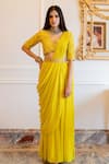 Buy_Paulmi and Harsh_Yellow Saree Georgette Hand Solid Pre-stitched With Blouse And Belt  _at_Aza_Fashions